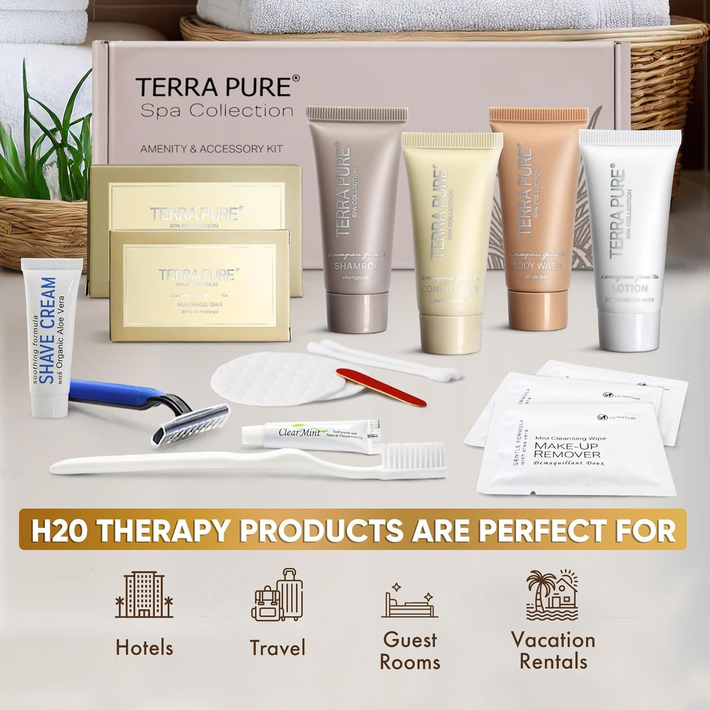Spa Collection Amenity & Accessory Kit |0.85 Oz Travel Size Shampoo, Conditioner, Lotion, Body Wash, 2 Soap Bars, Shave & Dental Sets, Make-Up Remover Wipes, & Vanity Kit | 15 Sets/Case