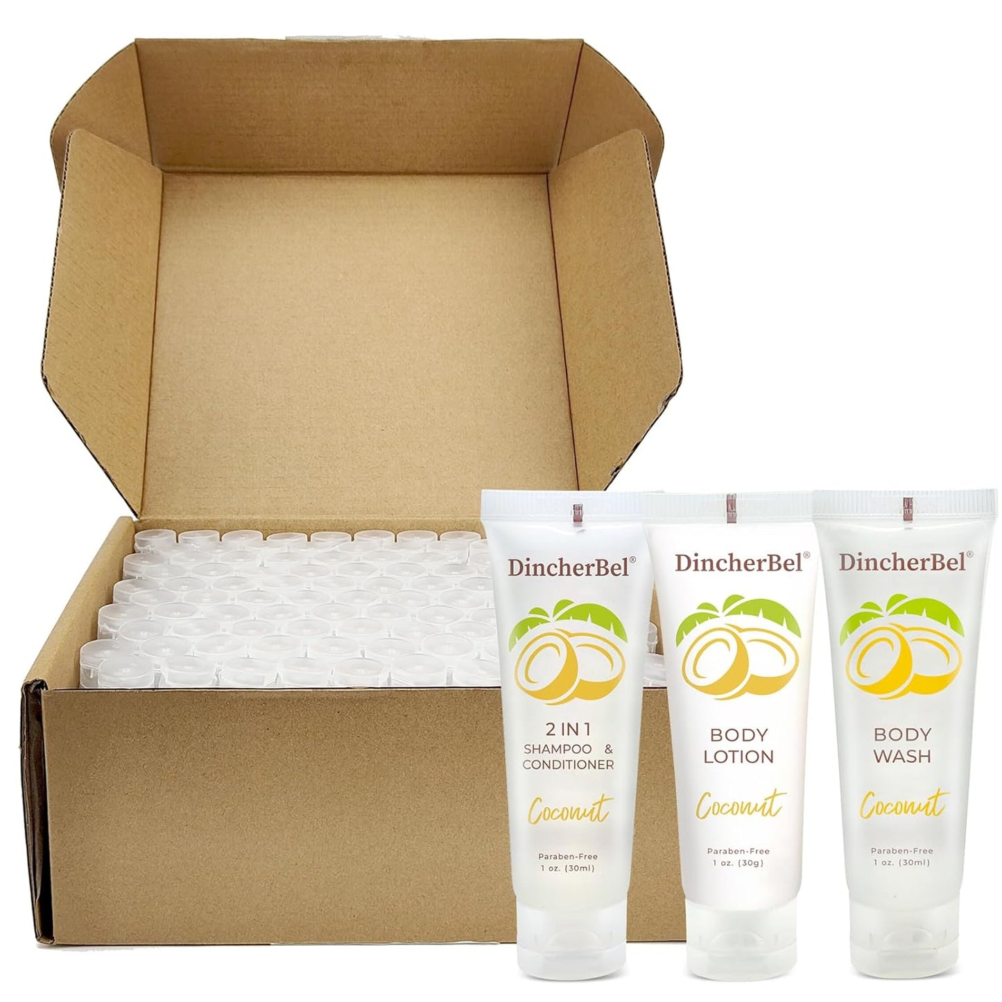 Travel Size Toiletries Kits, Bulk Mini Hotel Guest Amenities (Tropical Coconut, 1Oz Each), 3-Piece Sets Refreshing Coconut Scent - 50 Shampoo & Conditioner 2 in 1, 50 Body Wash and 50 Body Lotion