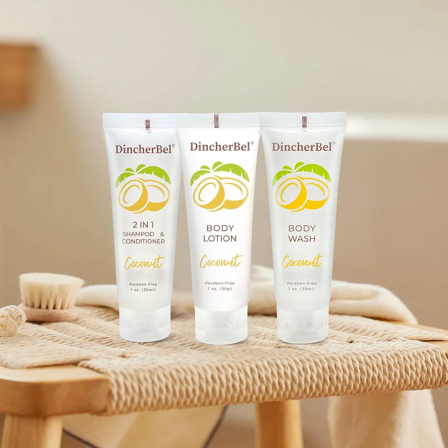 Travel Size Toiletries Kits, Bulk Mini Hotel Guest Amenities (Tropical Coconut, 1Oz Each), 3-Piece Sets Refreshing Coconut Scent - 50 Shampoo & Conditioner 2 in 1, 50 Body Wash and 50 Body Lotion