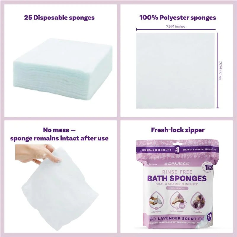 Rinse Free Bath Sponge, No Rinse Bath Wipes, Lavender Scented - 75 Count - 3 Pack